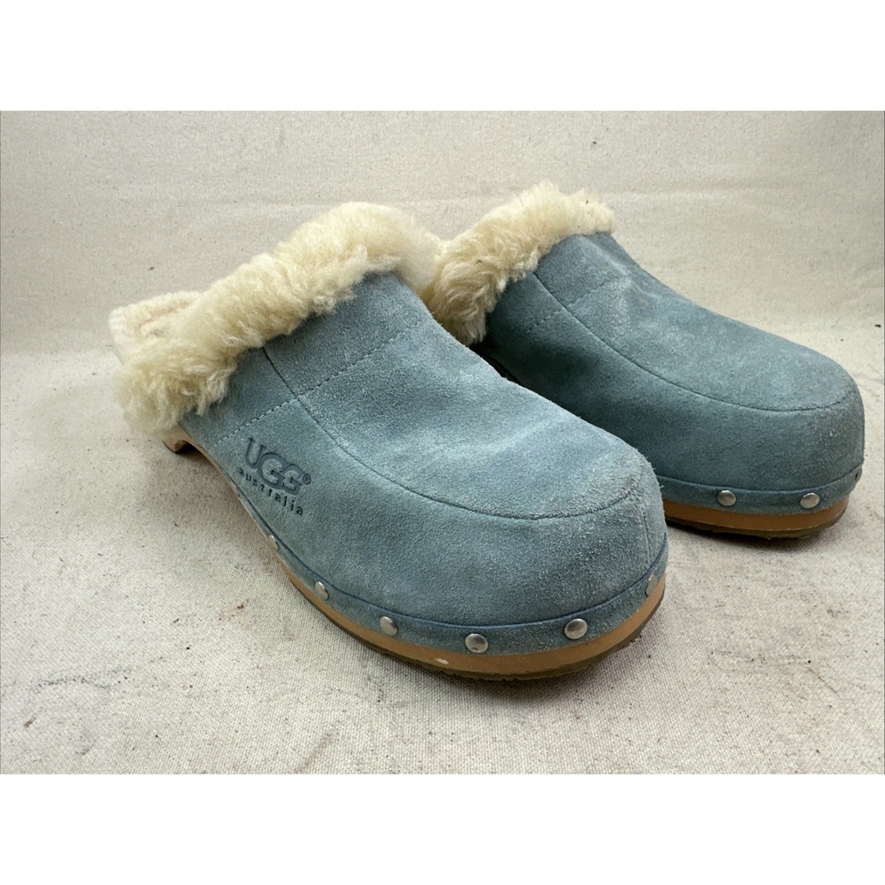 UGG Kalie Blue Suede Sheepskin Lined Chunky Platform Wood Clogs Shoes Size 9